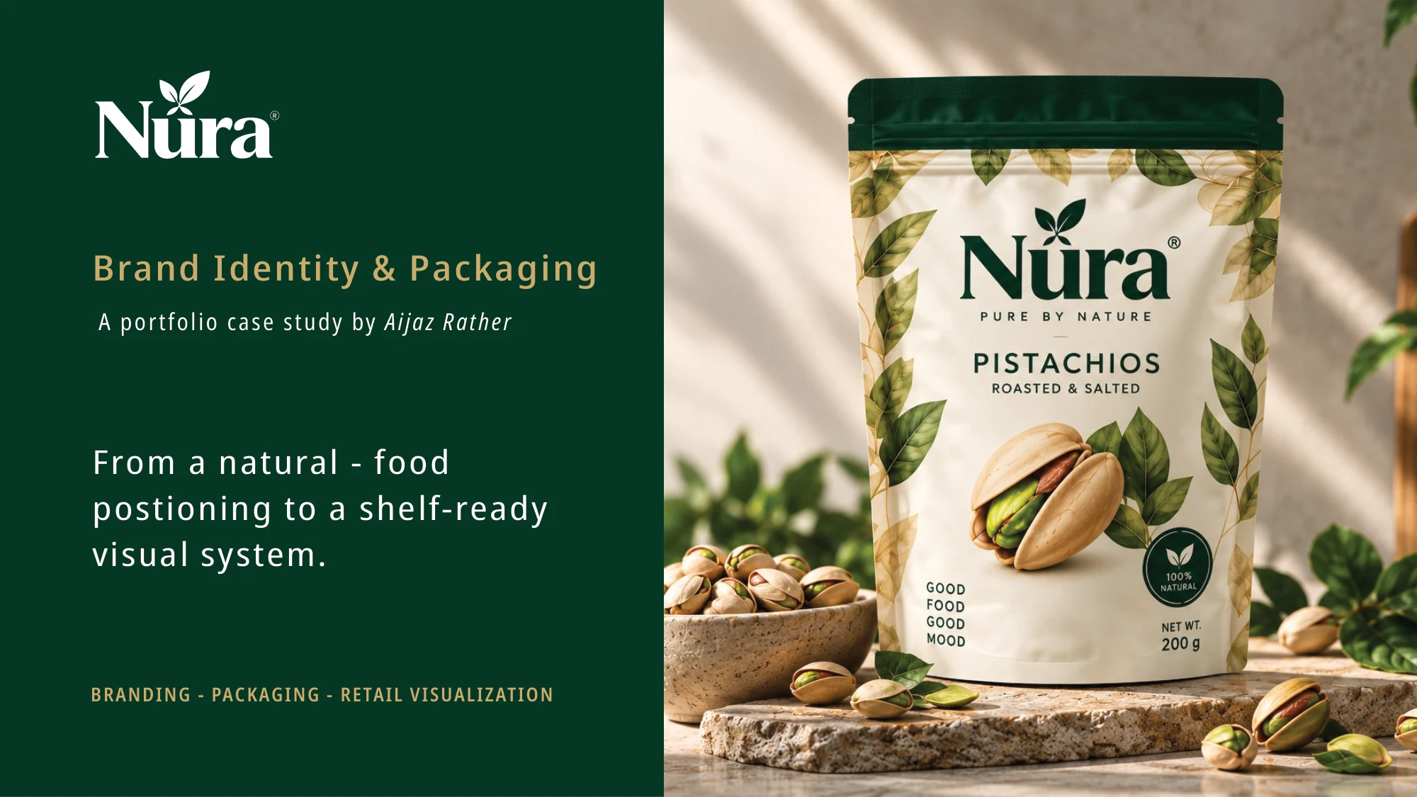 Nura Packaging: Pistachio food packaging design and product visualization, presentation slide 1 of 8