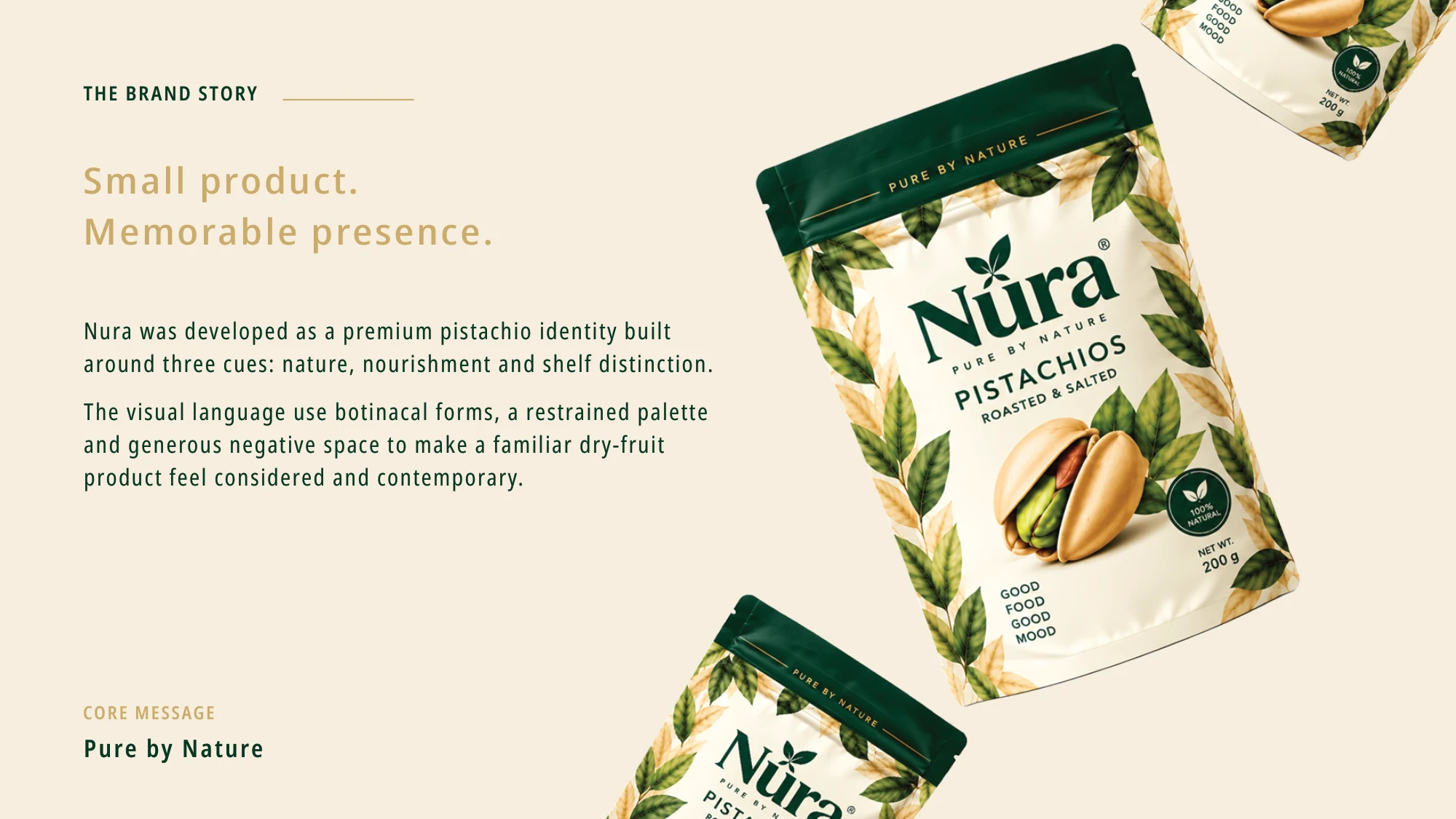 Nura Packaging: Pistachio food packaging design and product visualization, presentation slide 2 of 8