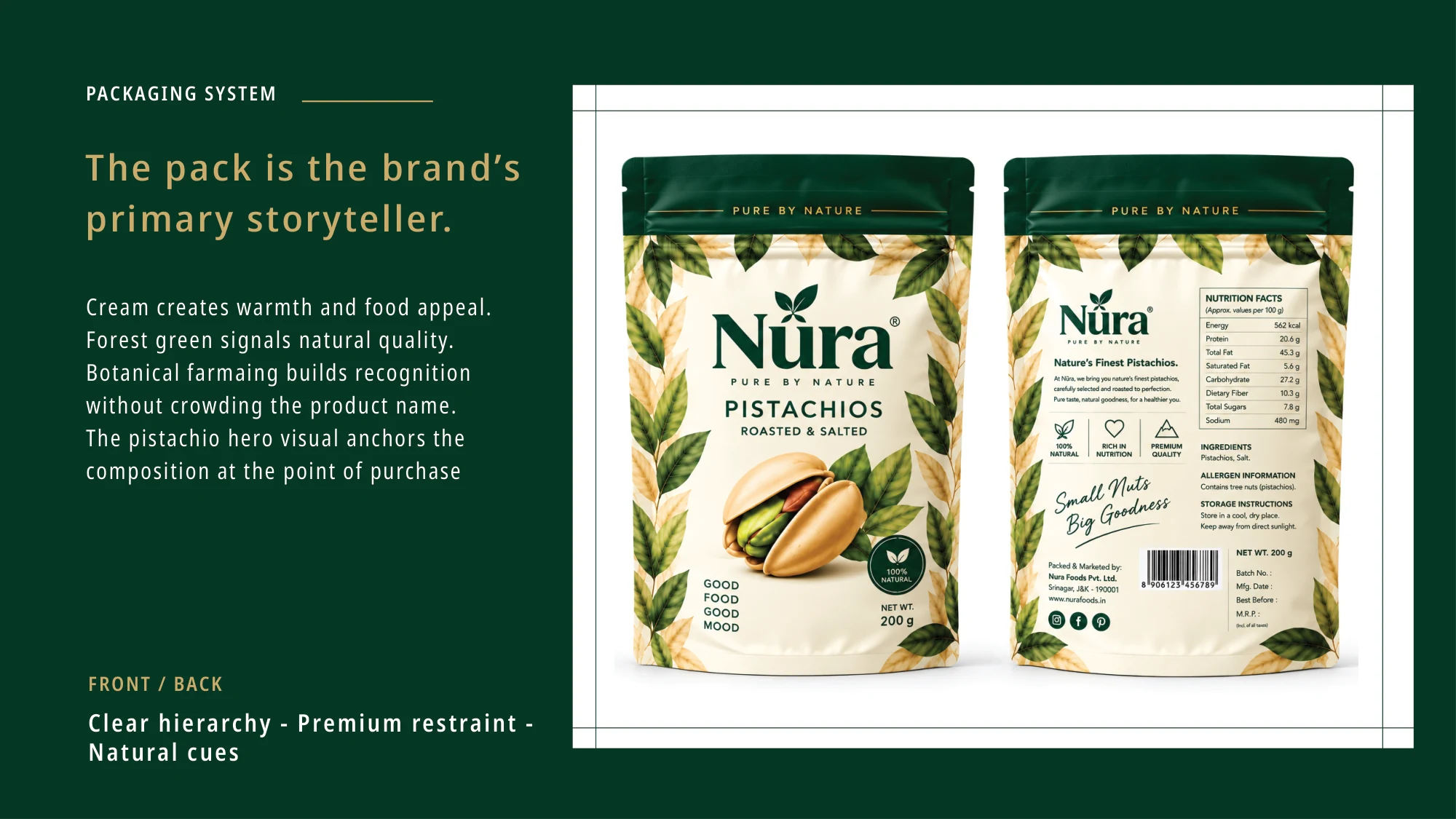 Nura Packaging: Pistachio food packaging design and product visualization, presentation slide 3 of 8