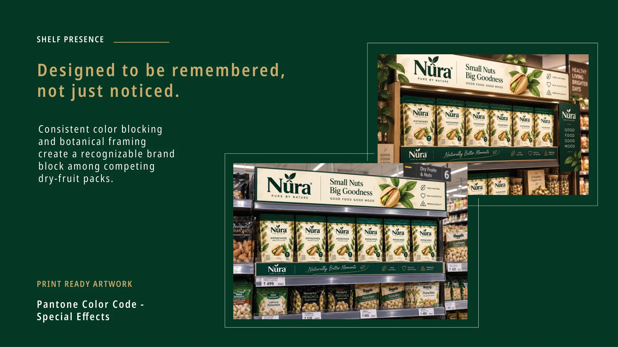Nura Packaging: Pistachio food packaging design and product visualization, presentation slide 4 of 8