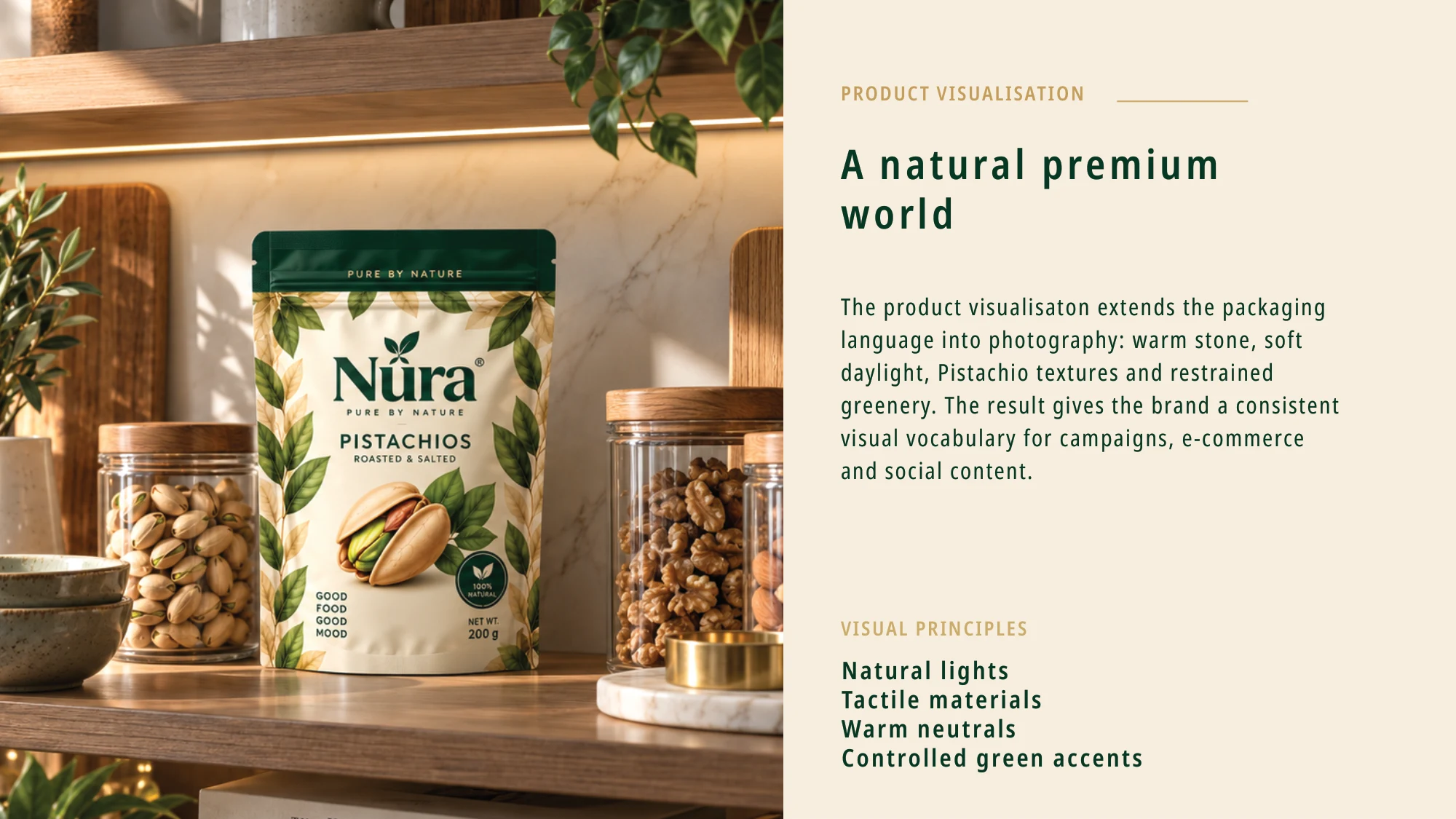 Nura Packaging: Pistachio food packaging design and product visualization, presentation slide 5 of 8