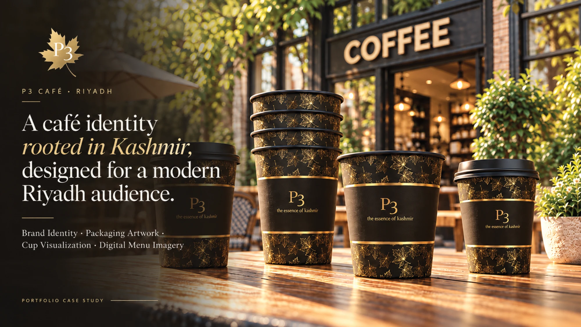 P3 Café: Café brand identity inspired by Kashmiri heritage, presentation slide 1 of 8