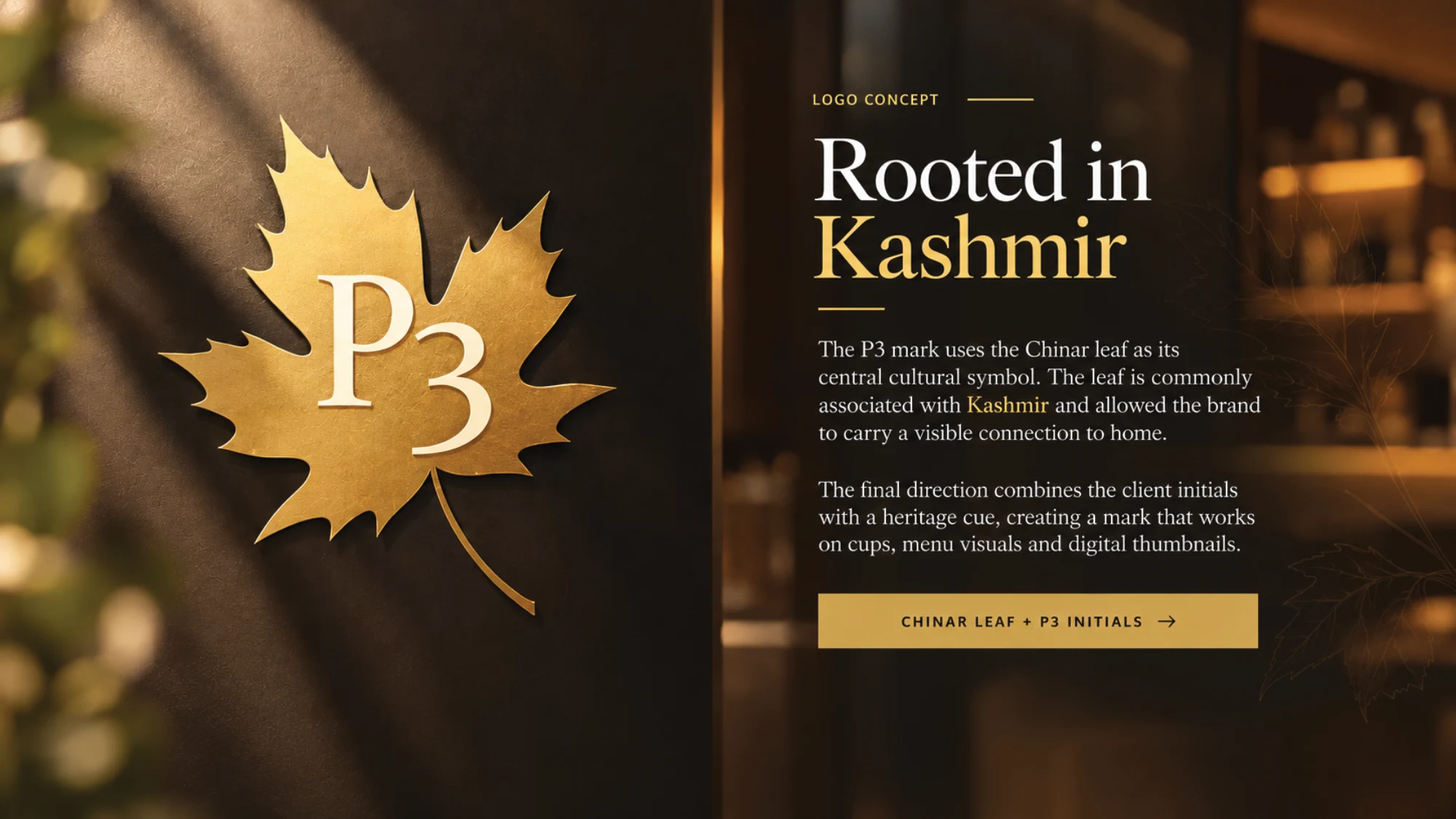 P3 Café: Café brand identity inspired by Kashmiri heritage, presentation slide 2 of 8