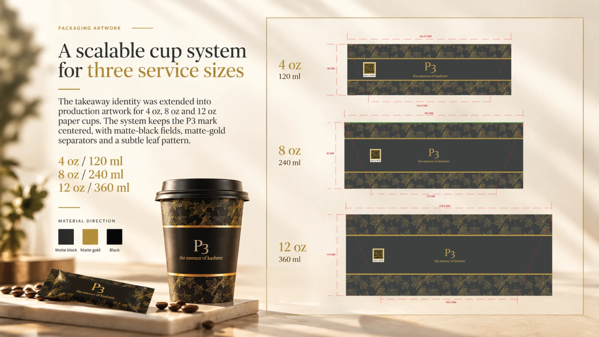 P3 Café: Café brand identity inspired by Kashmiri heritage, presentation slide 3 of 8