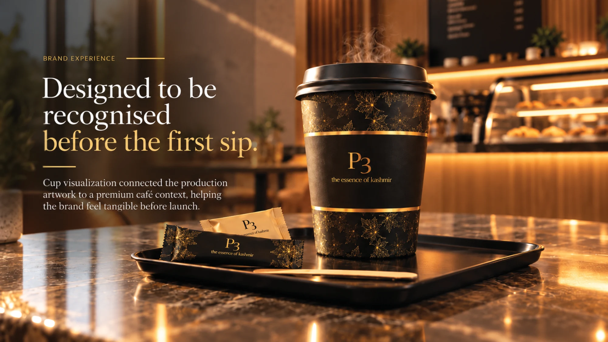 P3 Café: Café brand identity inspired by Kashmiri heritage, presentation slide 4 of 8