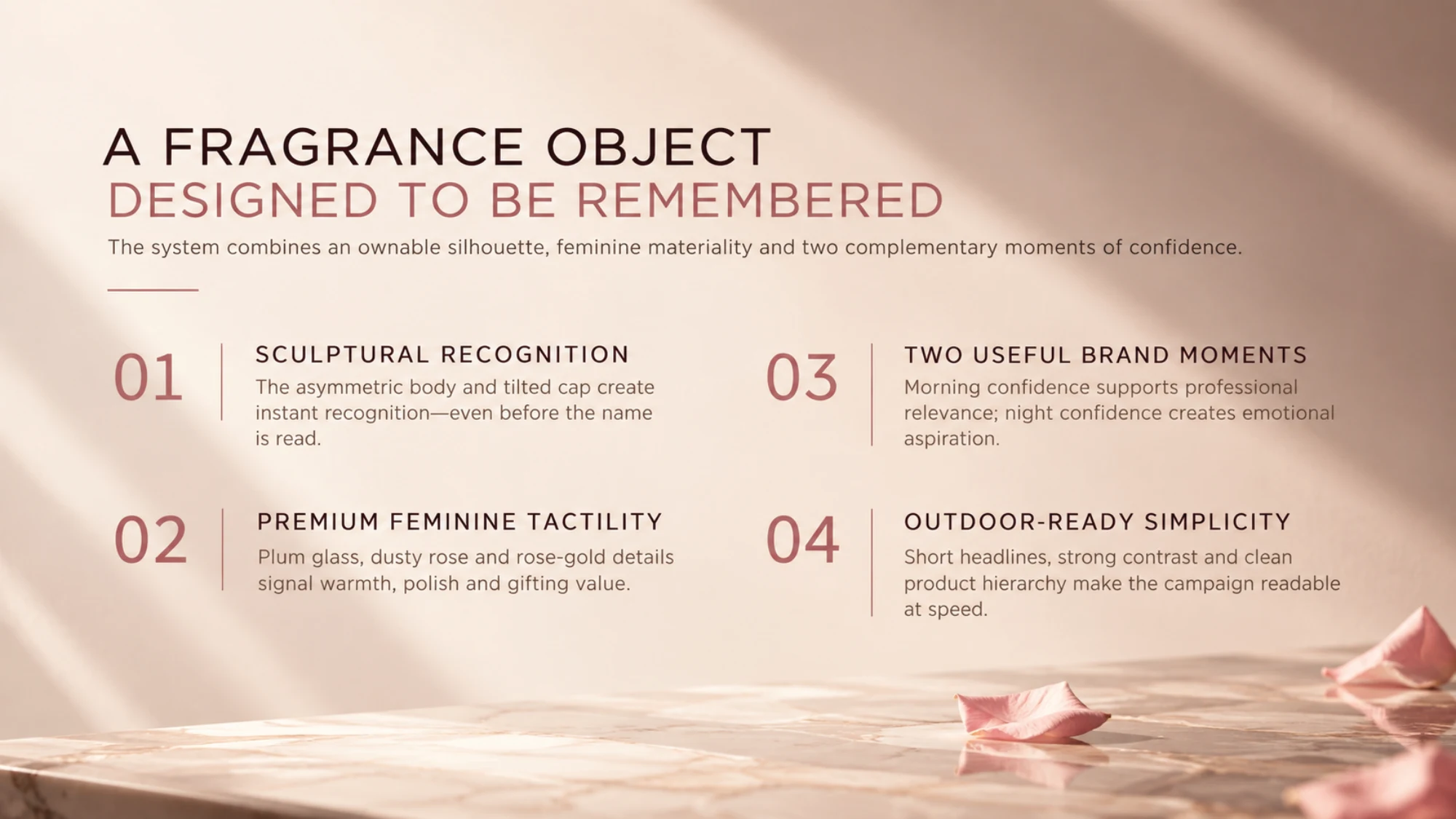 Presence Perfume: Fragrance identity, packaging and campaign concept, presentation slide 2 of 11