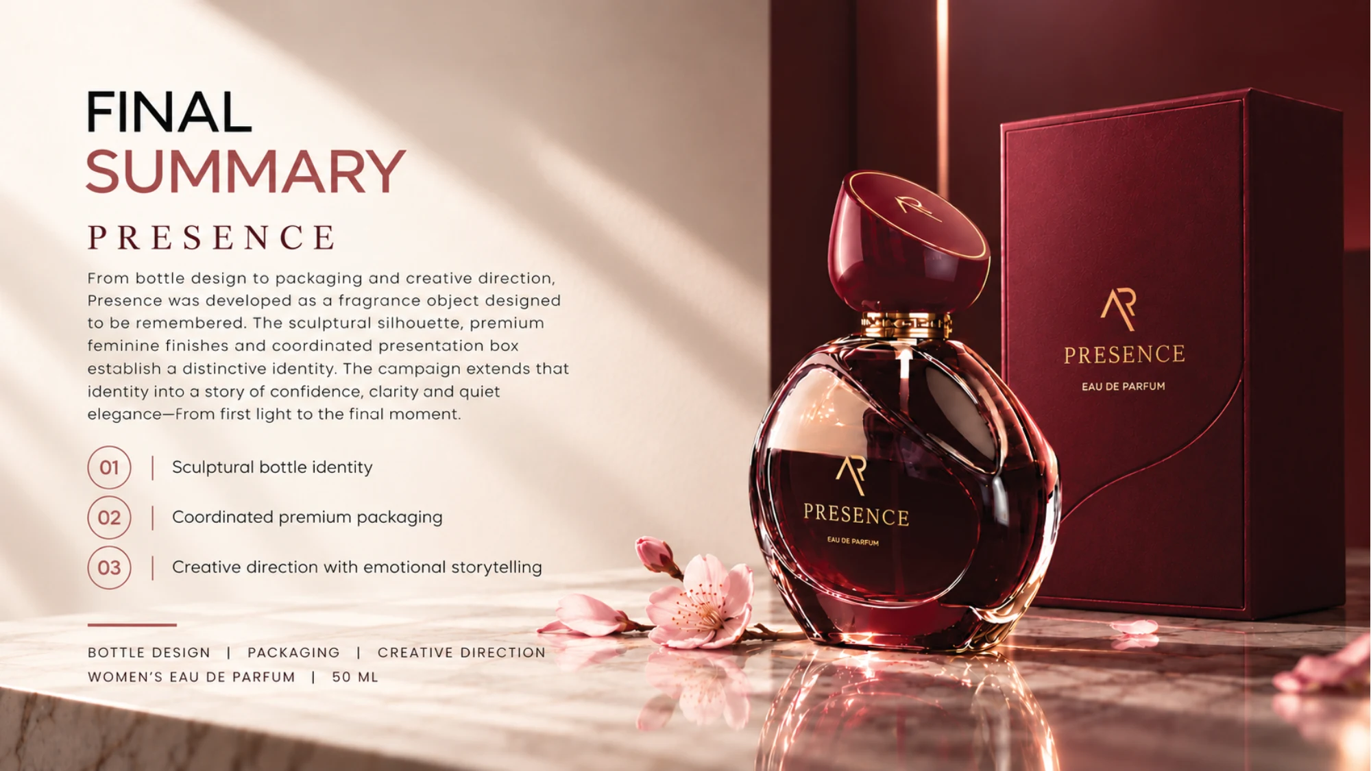 Presence Perfume: Fragrance identity, packaging and campaign concept, presentation slide 11 of 11